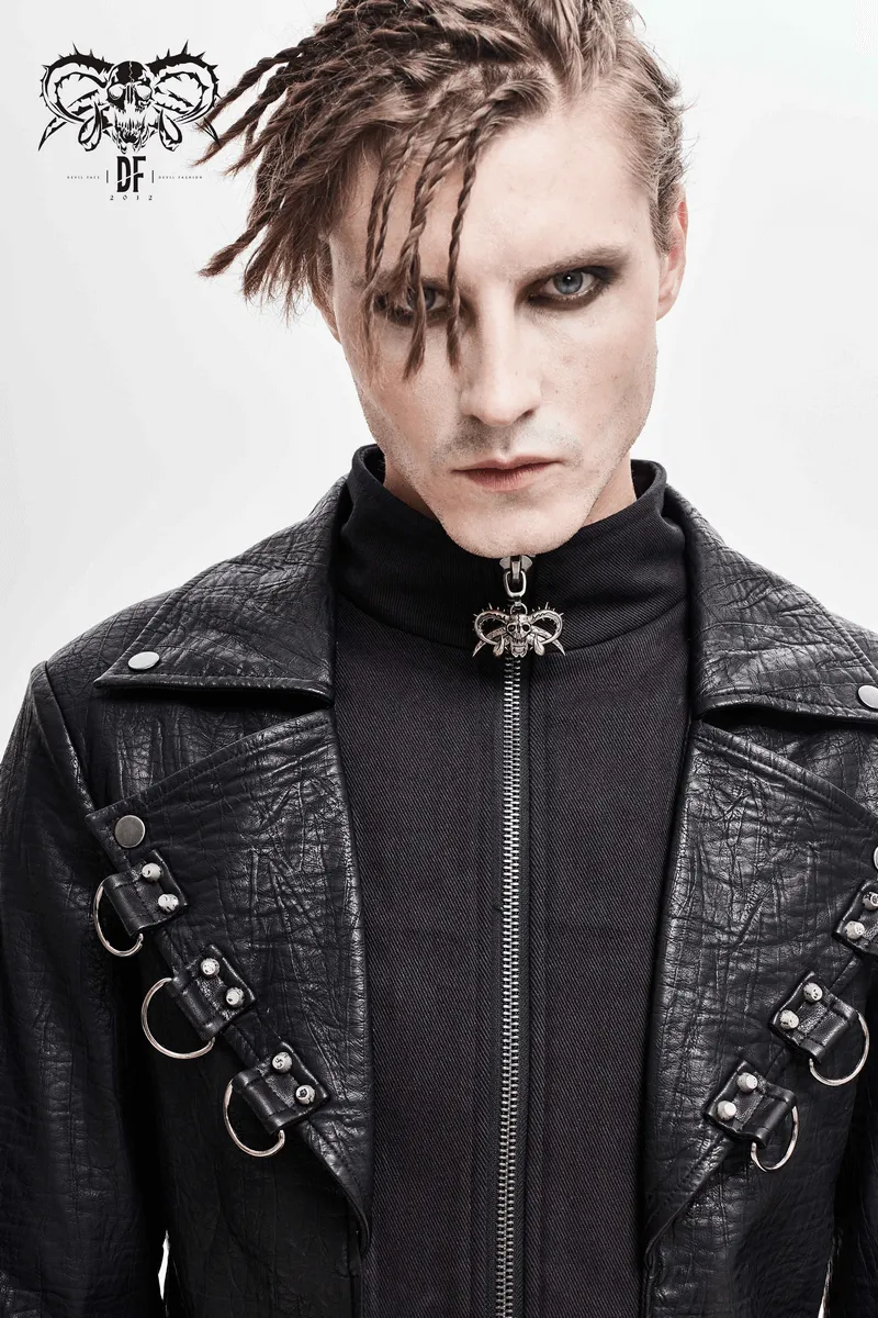 Gothic Black Zipper Leather Coat / Men's Long Coats with Studs and D-rings