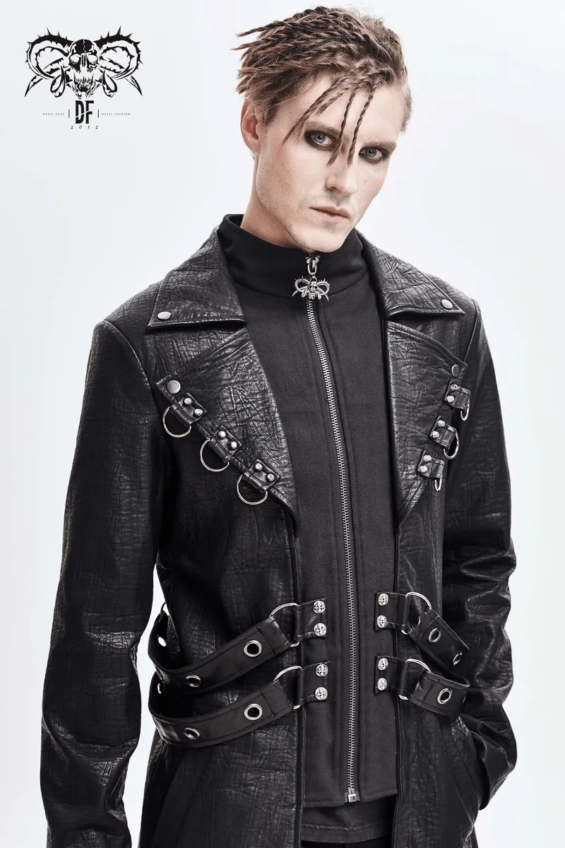 Gothic Black Zipper Leather Coat / Men's Long Coats with Studs and D-rings