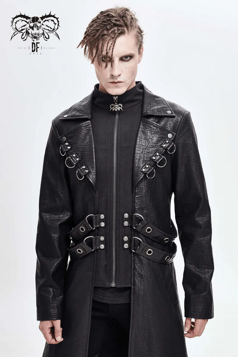 Gothic Black Zipper Leather Coat / Men's Long Coats with Studs and D-rings