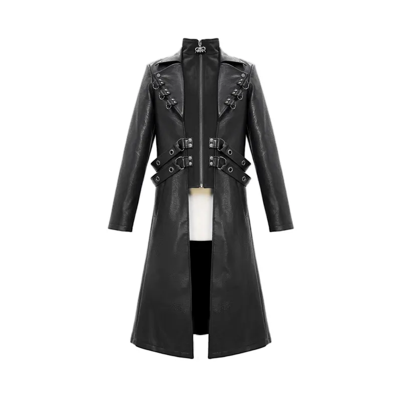 Gothic Black Zipper Leather Coat / Men's Long Coats with Studs and D-rings