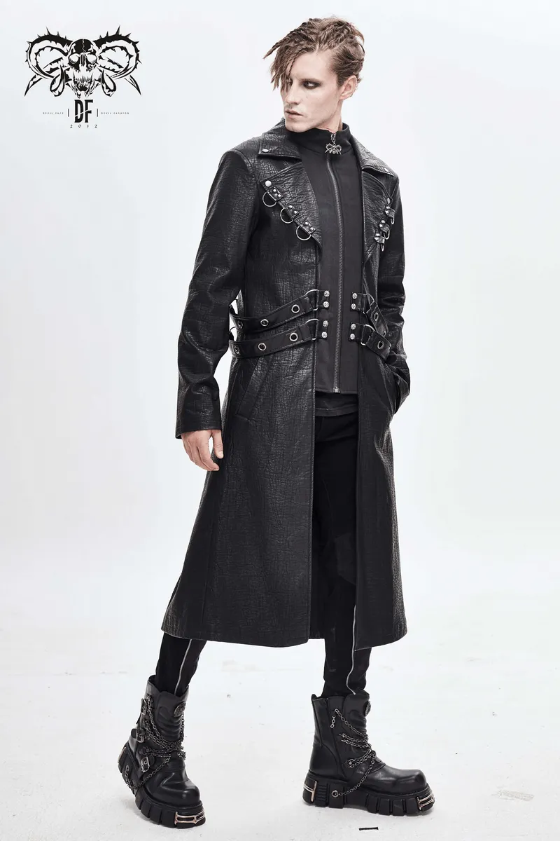 Gothic Black Zipper Leather Coat / Men's Long Coats with Studs and D-rings