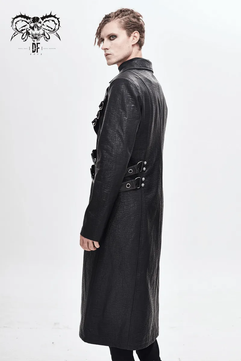 Gothic Black Zipper Leather Coat / Men's Long Coats with Studs and D-rings