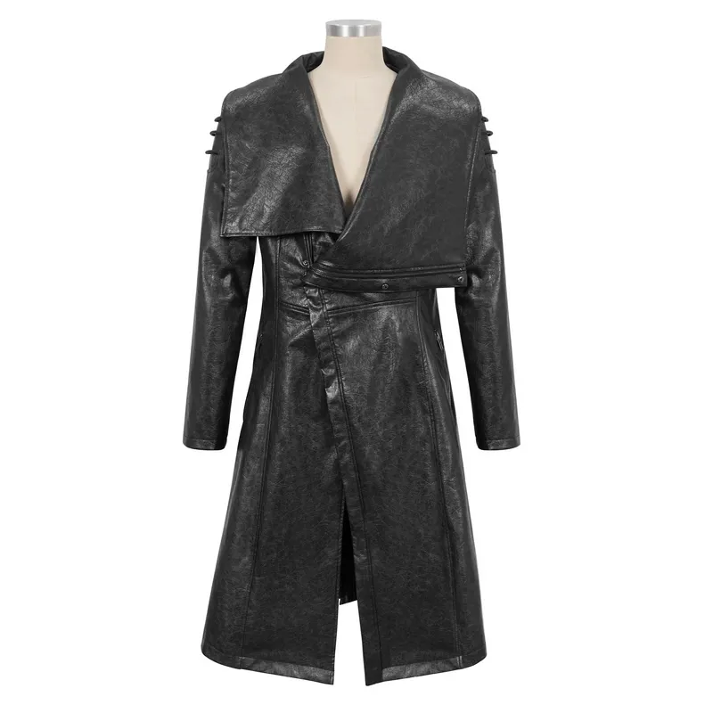 Gothic Stand Collar Long Coat for Men / Shoulders Strap Faux Leather Coat in Punk Style
