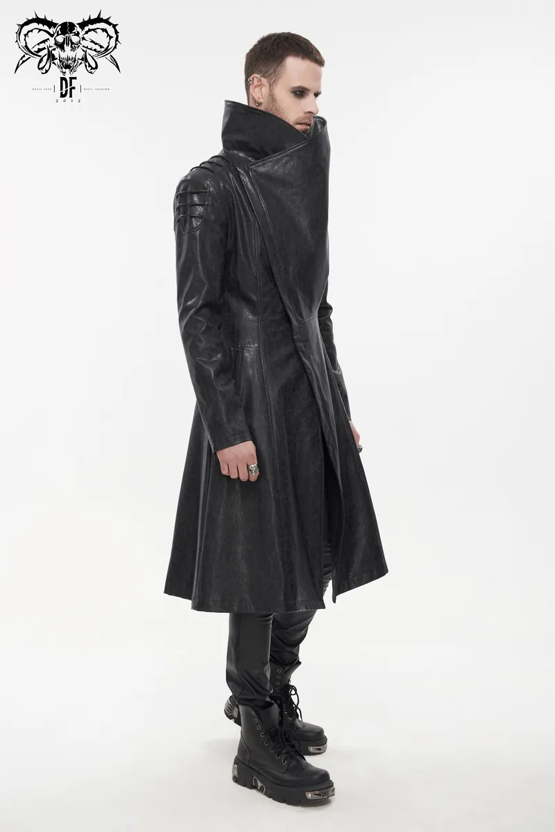 Gothic Stand Collar Long Coat for Men / Shoulders Strap Faux Leather Coat in Punk Style