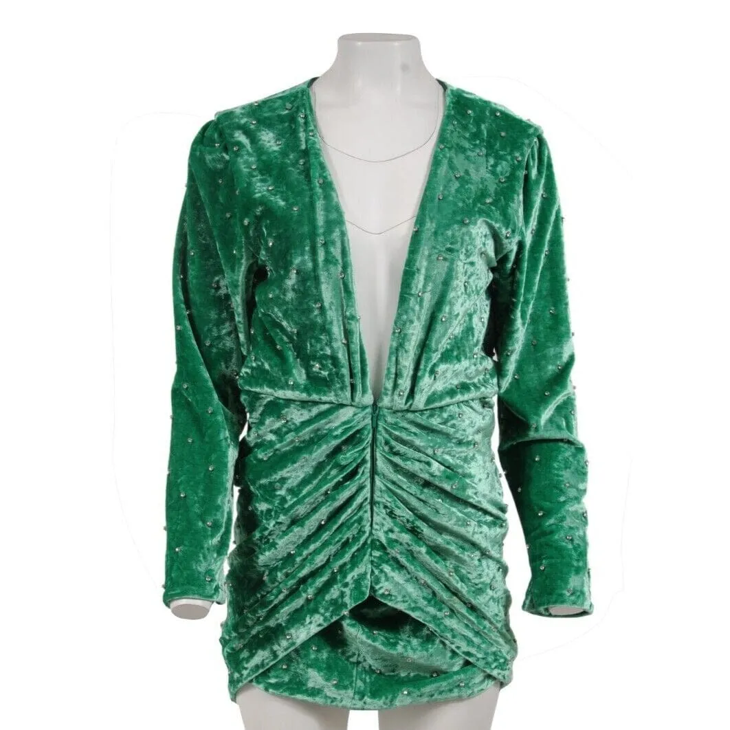 Green Crushed Velvet Crystal Embellished Romper Mini Dress