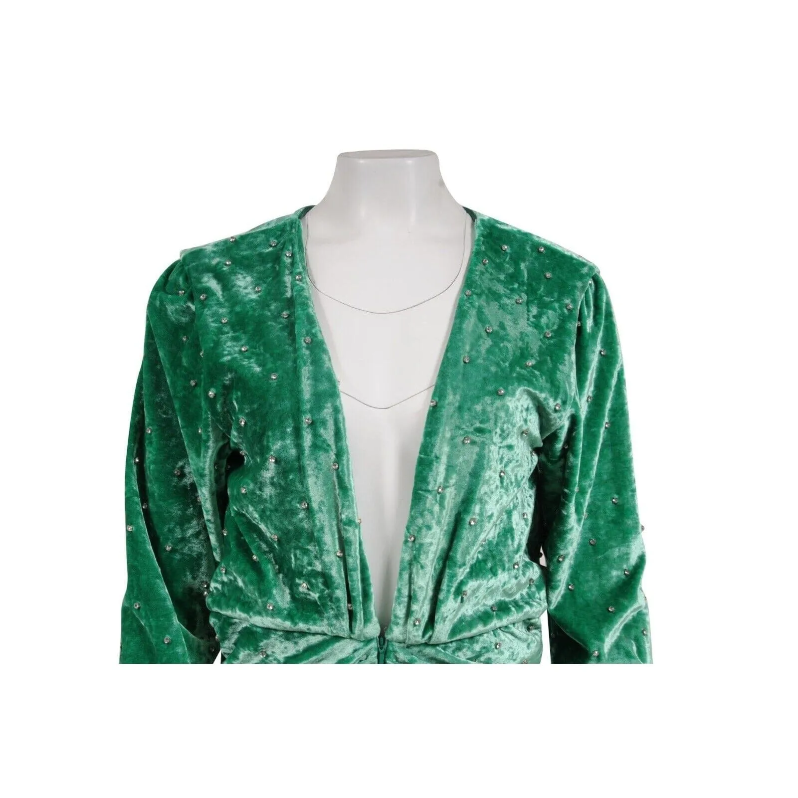 Green Crushed Velvet Crystal Embellished Romper Mini Dress