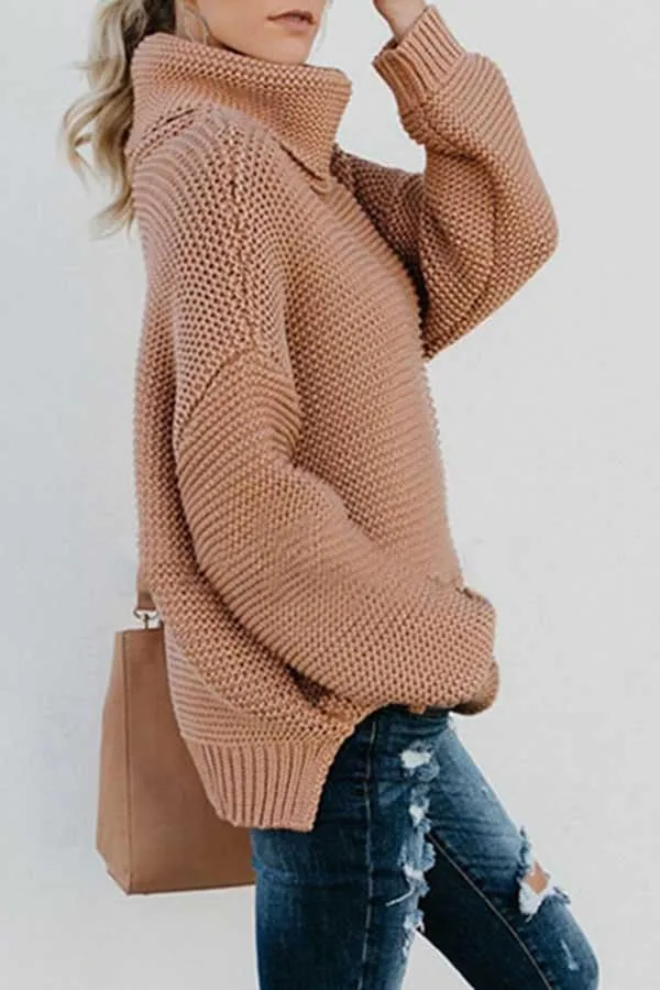 High Neck Drop Sleeve Slit Side Pullover Sweater