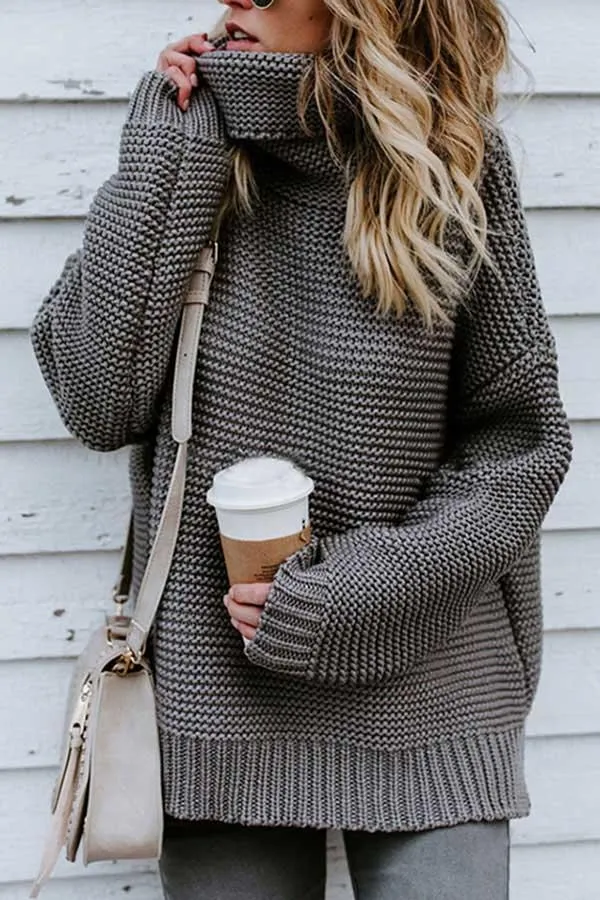 High Neck Drop Sleeve Slit Side Pullover Sweater