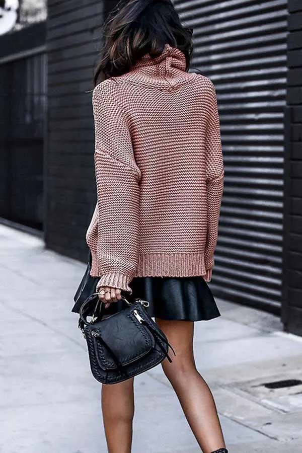 High Neck Drop Sleeve Slit Side Pullover Sweater