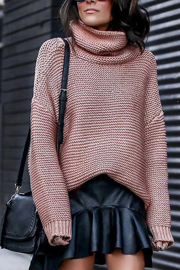 High Neck Drop Sleeve Slit Side Pullover Sweater