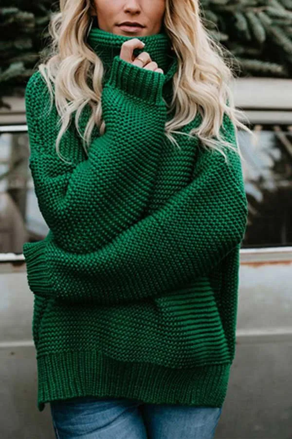 High Neck Drop Sleeve Slit Side Pullover Sweater