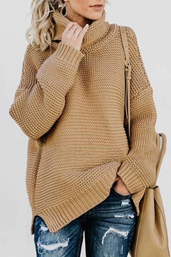 High Neck Drop Sleeve Slit Side Pullover Sweater