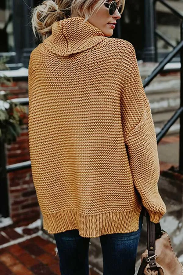 High Neck Drop Sleeve Slit Side Pullover Sweater