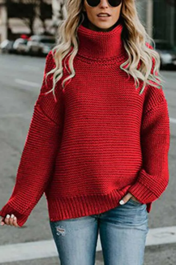 High Neck Drop Sleeve Slit Side Pullover Sweater