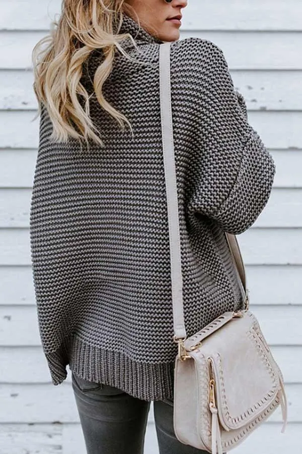 High Neck Drop Sleeve Slit Side Pullover Sweater