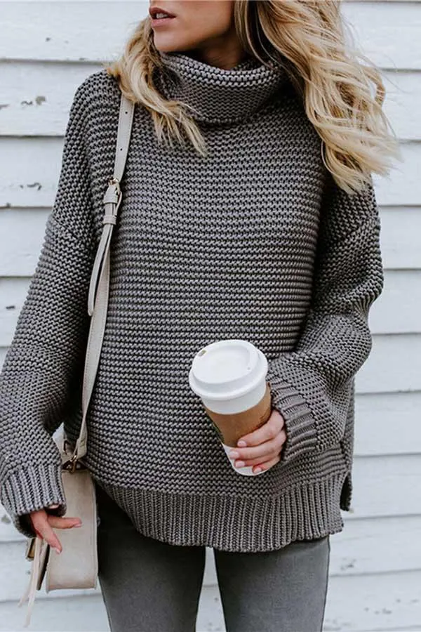 High Neck Drop Sleeve Slit Side Pullover Sweater