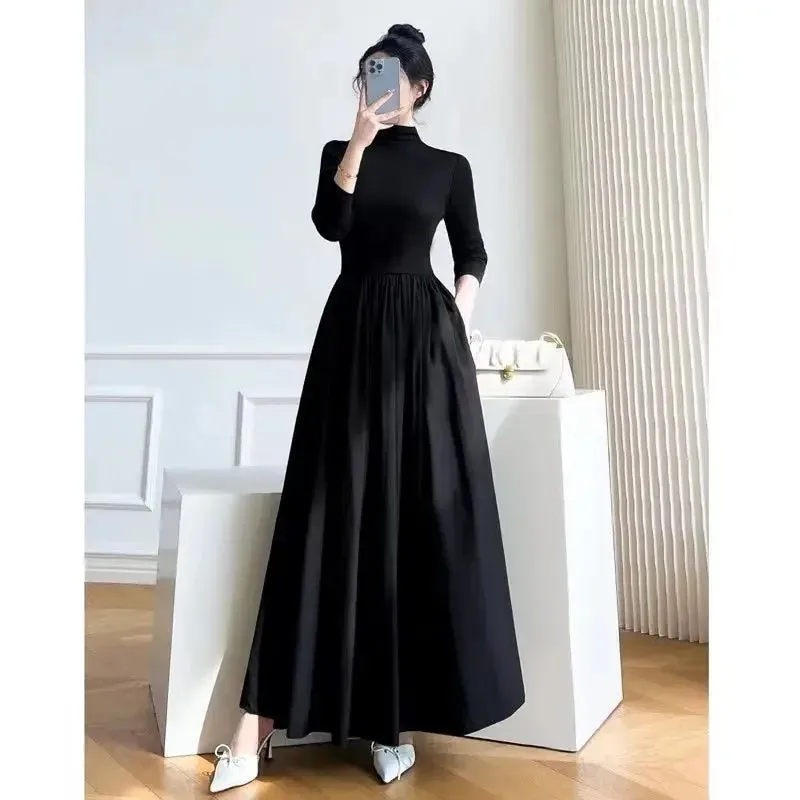 Hnzxzm 2024 New Slim Long Sleeve Elegant Dress Autumn Winter Thin Casual Temperament Pullovers Women's Clothing Office Lady Simplicity