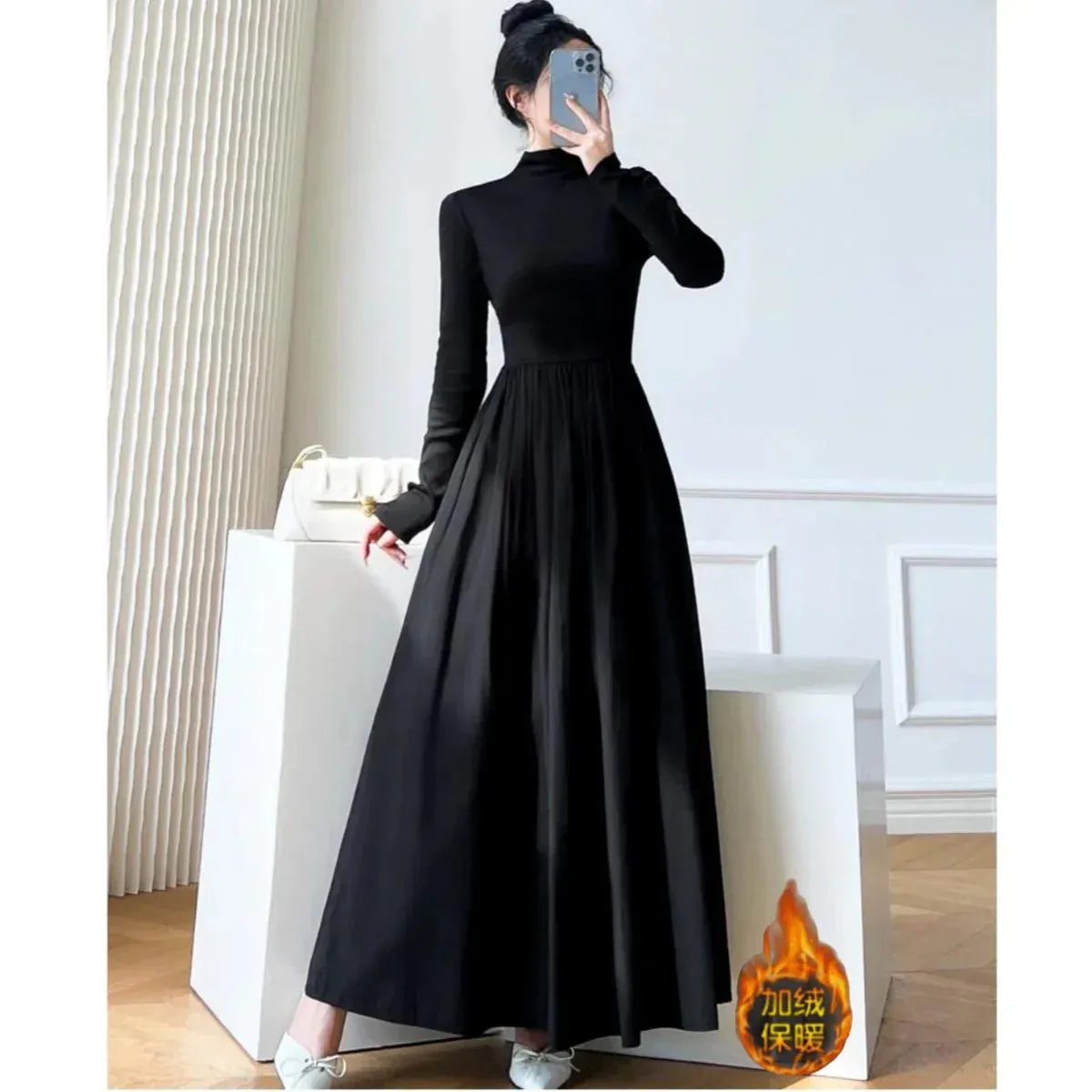 Hnzxzm 2024 New Slim Long Sleeve Elegant Dress Autumn Winter Thin Casual Temperament Pullovers Women's Clothing Office Lady Simplicity