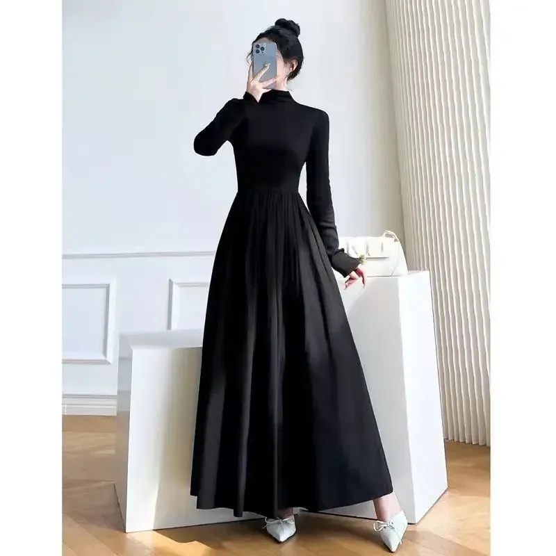 Hnzxzm 2024 New Slim Long Sleeve Elegant Dress Autumn Winter Thin Casual Temperament Pullovers Women's Clothing Office Lady Simplicity