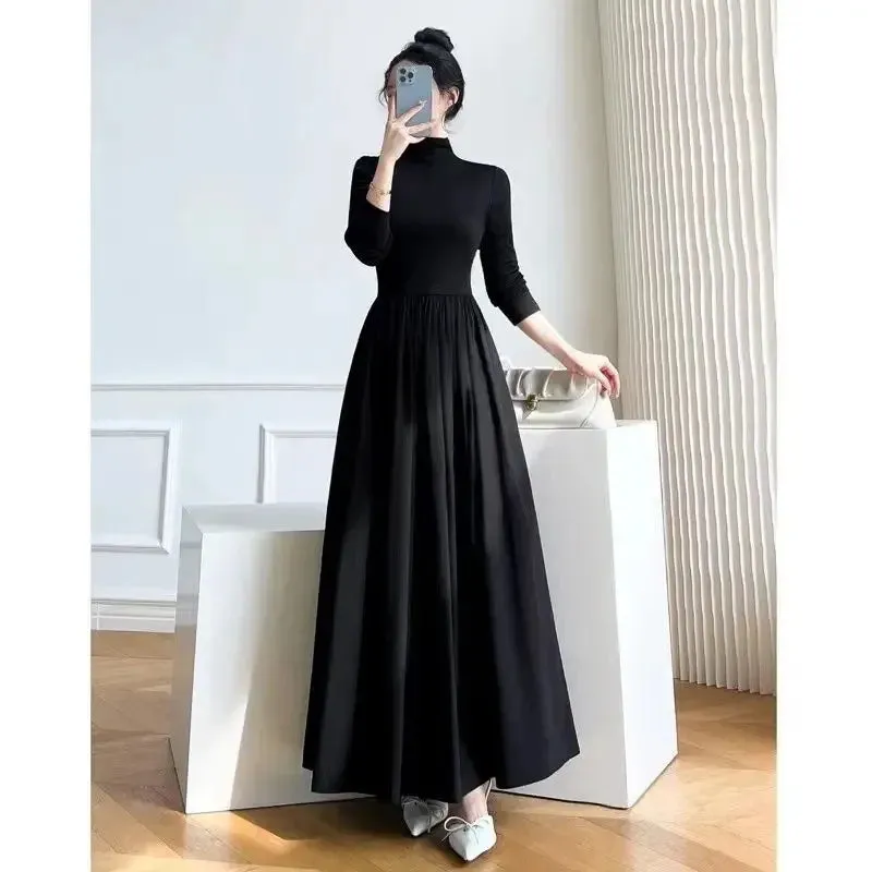Hnzxzm 2024 New Slim Long Sleeve Elegant Dress Autumn Winter Thin Casual Temperament Pullovers Women's Clothing Office Lady Simplicity
