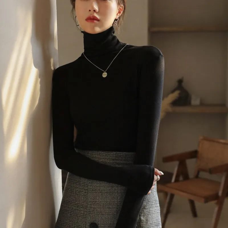 Joskaa Christmas Gift Pile Half High Collar Women's Sweater Autumn Slim Knit Sweater for Women Bottoming Top Long Sleeve Knitted Pullovers 2024