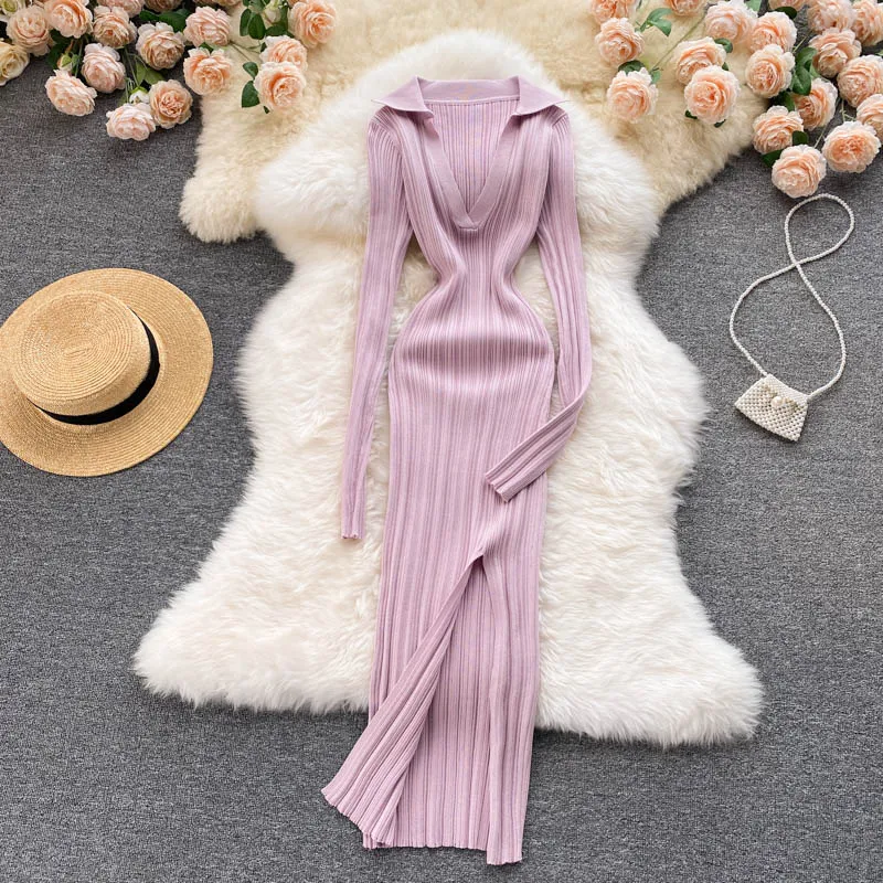Knitted Long-sleeved Split Hip Skirt