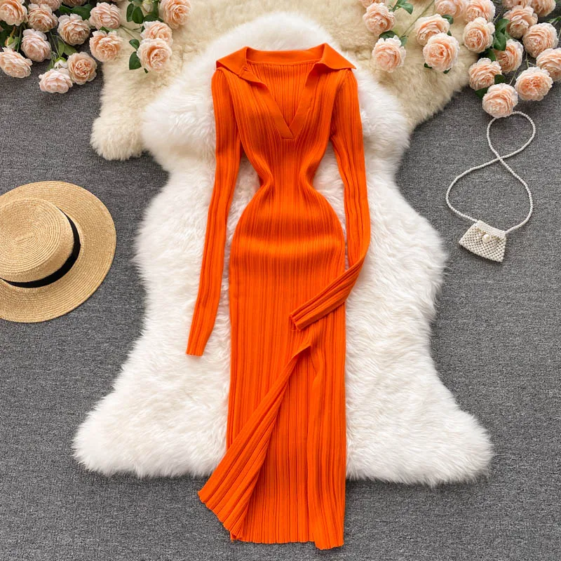 Knitted Long-sleeved Split Hip Skirt
