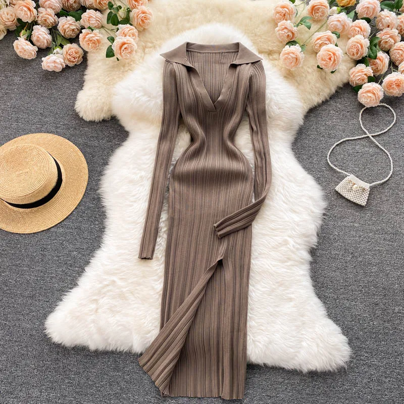 Knitted Long-sleeved Split Hip Skirt
