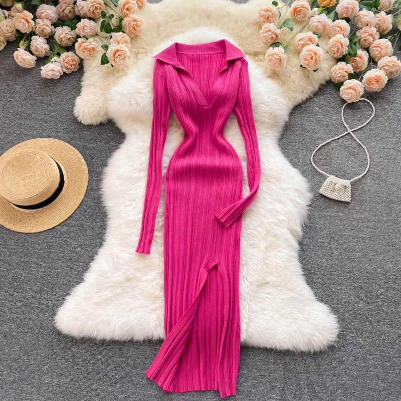 Knitted Long-sleeved Split Hip Skirt