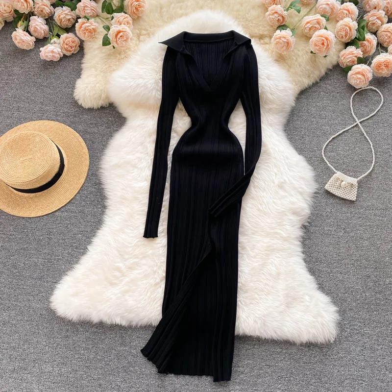 Knitted Long-sleeved Split Hip Skirt