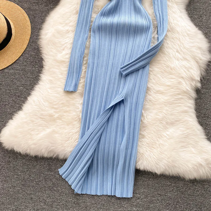 Knitted Long-sleeved Split Hip Skirt
