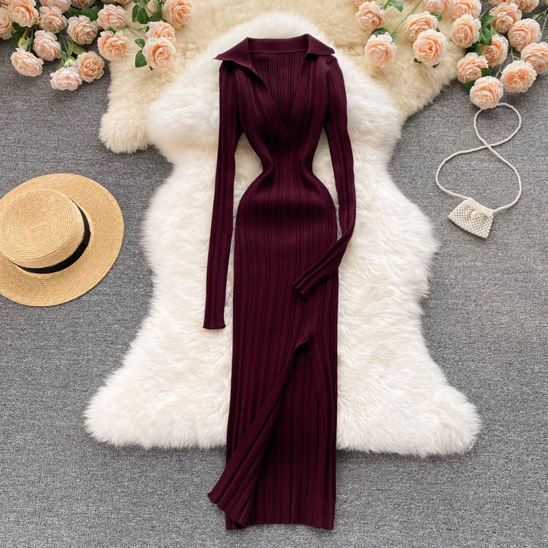 Knitted Long-sleeved Split Hip Skirt