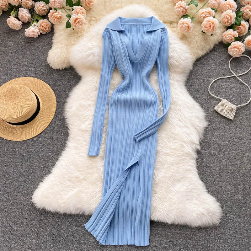 Knitted Long-sleeved Split Hip Skirt