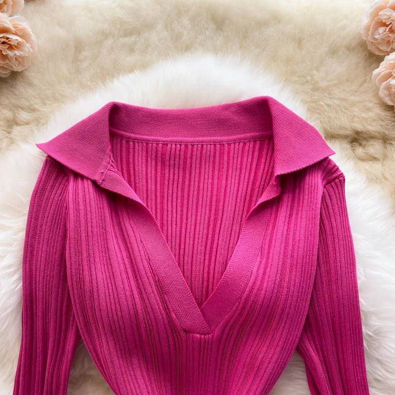 Knitted Long-sleeved Split Hip Skirt