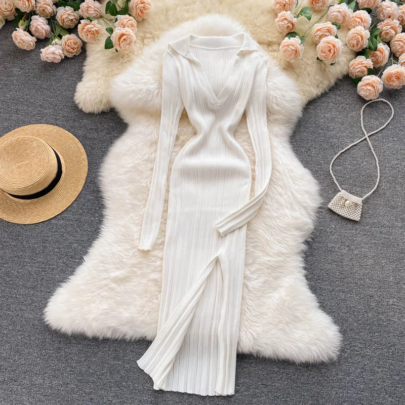 Knitted Long-sleeved Split Hip Skirt