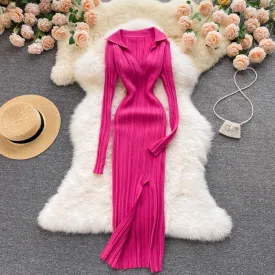 Knitted Long-sleeved Split Hip Skirt