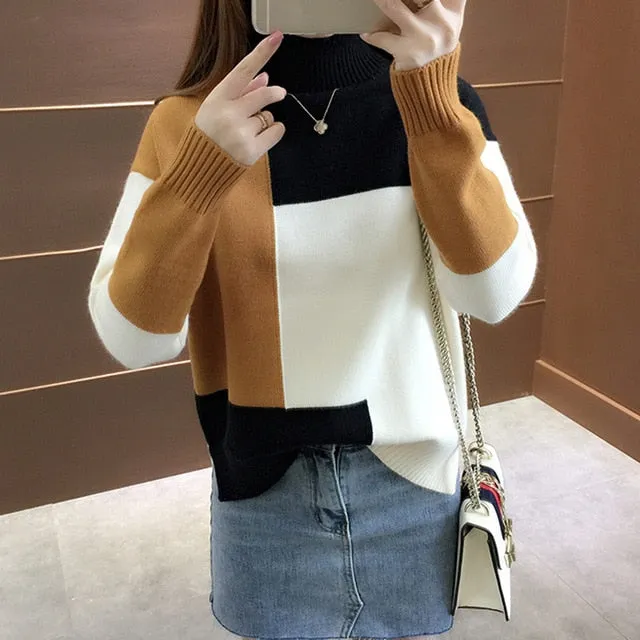 Knitted Sweater Women Red Patchwork Turtleneck Knitted Winter Jumper Pullover Casual Women Clothes