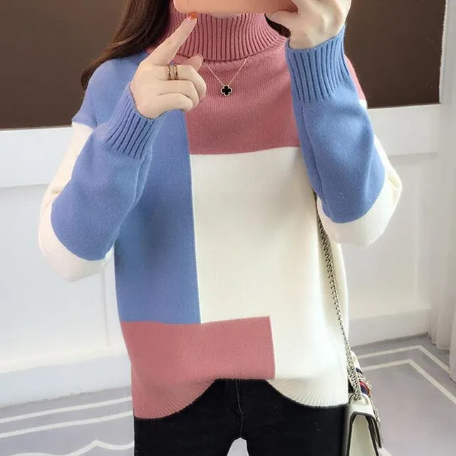 Knitted Sweater Women Red Patchwork Turtleneck Knitted Winter Jumper Pullover Casual Women Clothes