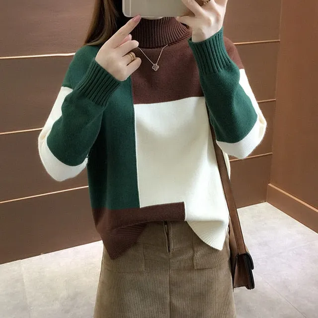 Knitted Sweater Women Red Patchwork Turtleneck Knitted Winter Jumper Pullover Casual Women Clothes