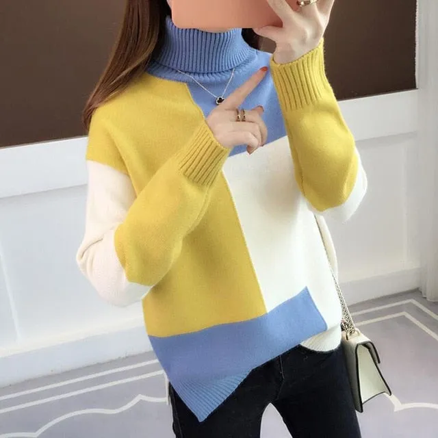 Knitted Sweater Women Red Patchwork Turtleneck Knitted Winter Jumper Pullover Casual Women Clothes