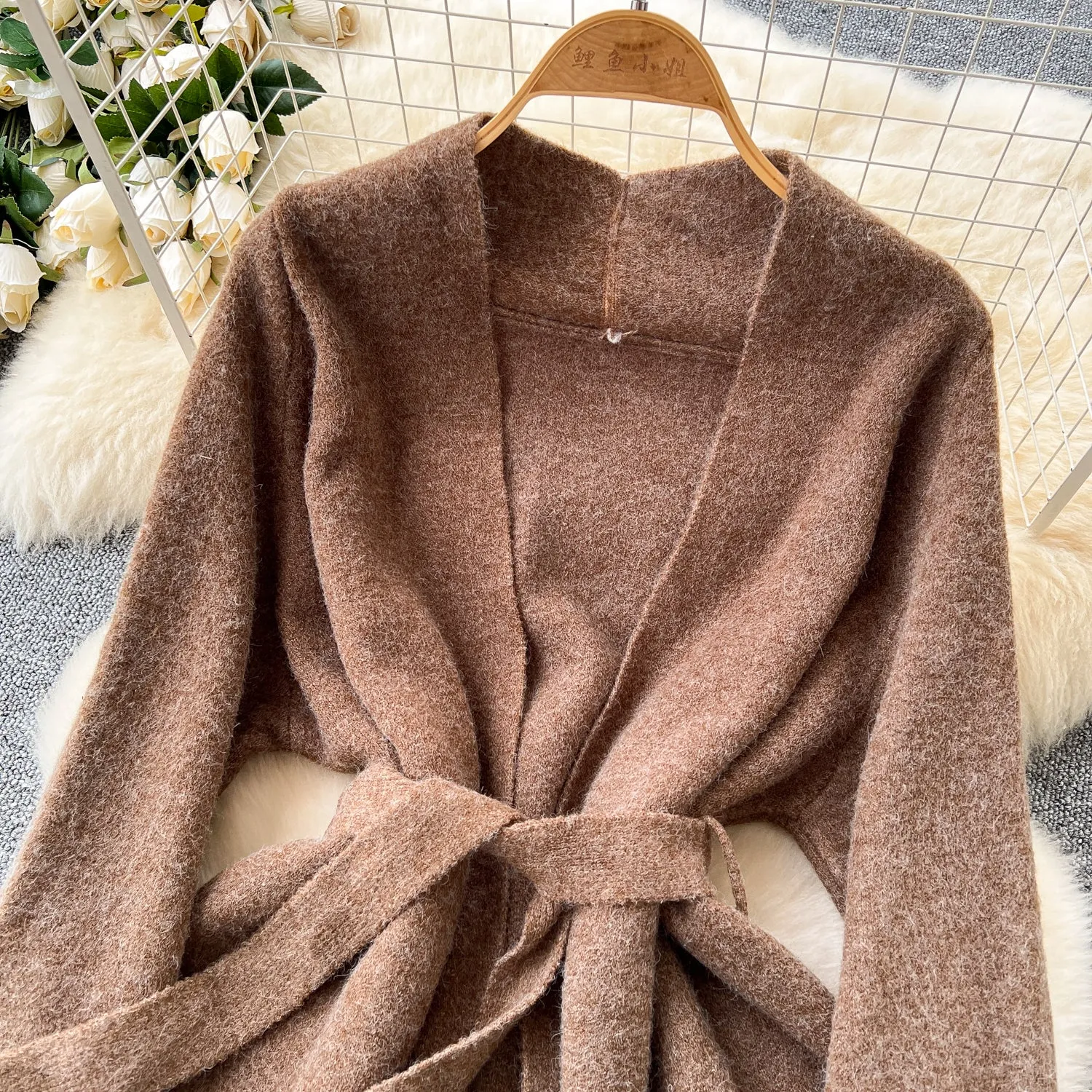 Lace-up Cardigan&Knitted Dress 2Pcs