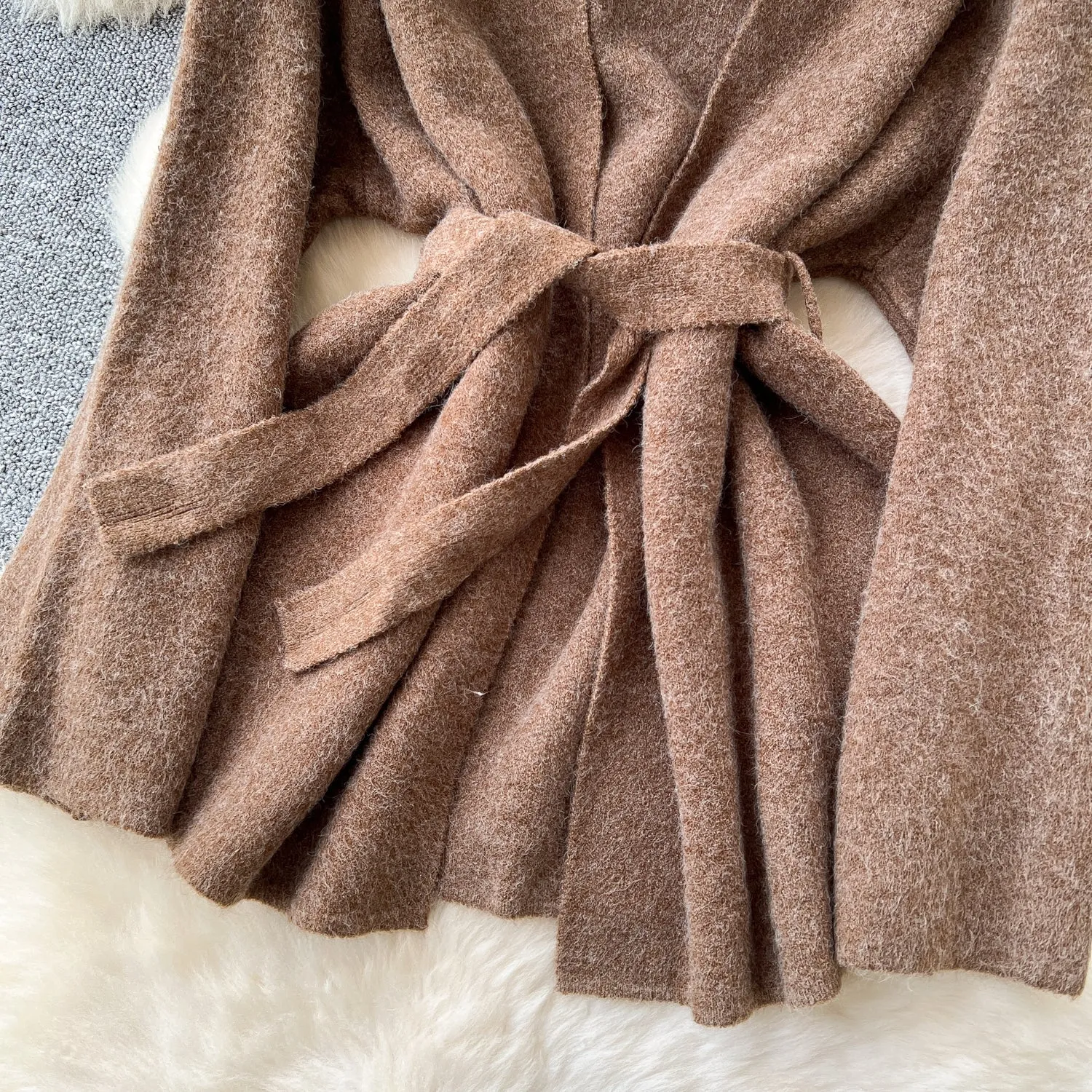 Lace-up Cardigan&Knitted Dress 2Pcs