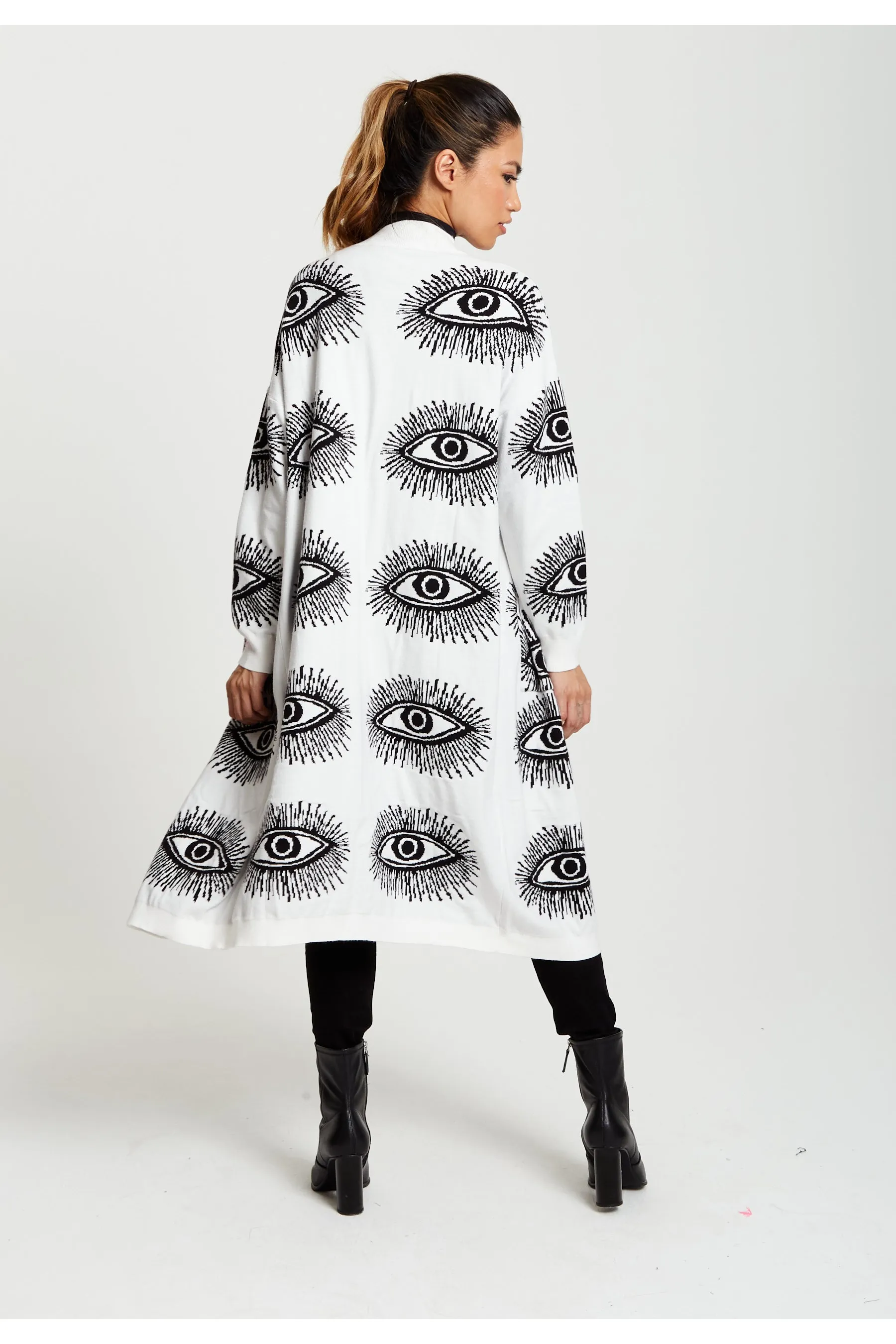 Liquorish Eye Pattern Longline Cardigan In White