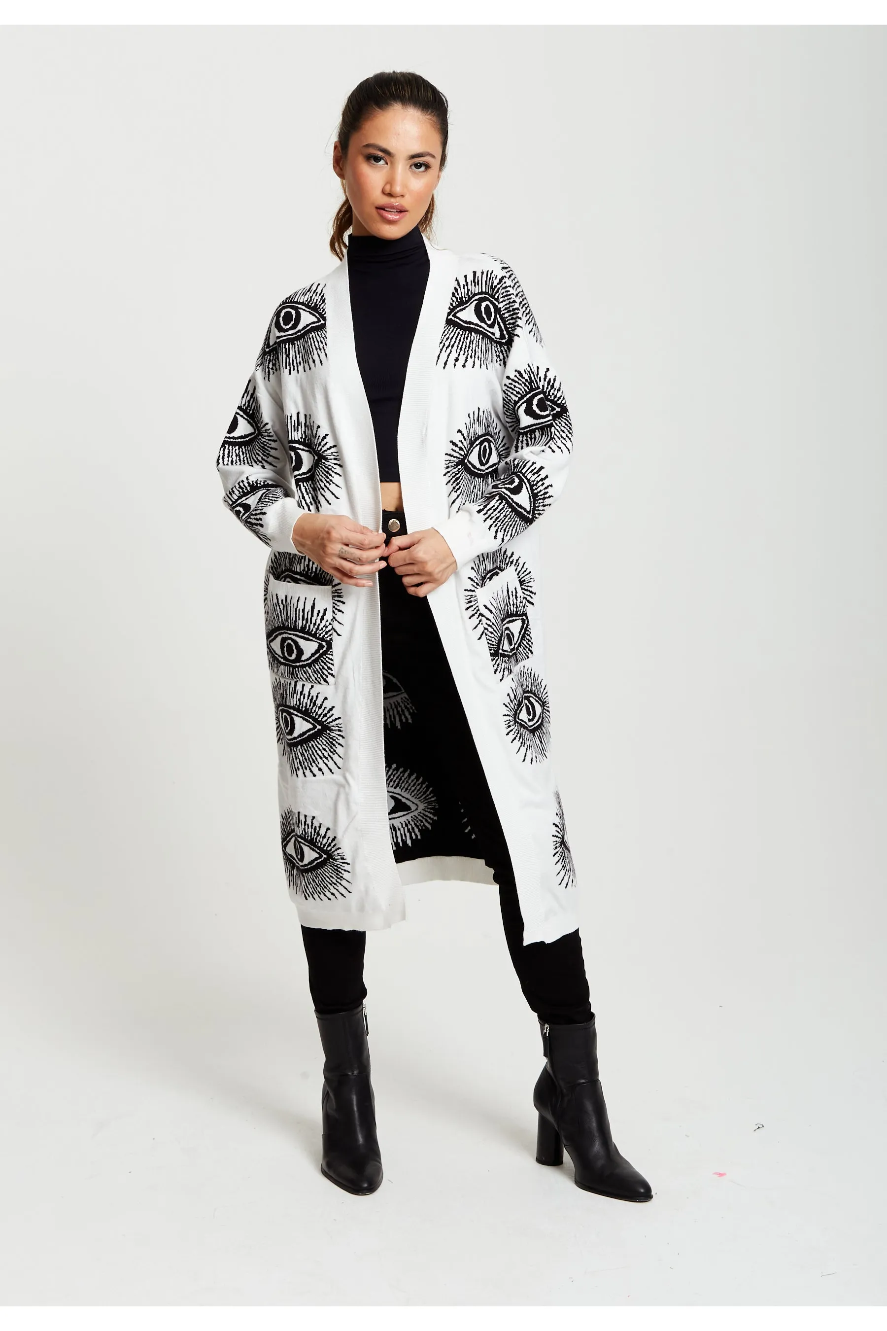 Liquorish Eye Pattern Longline Cardigan In White
