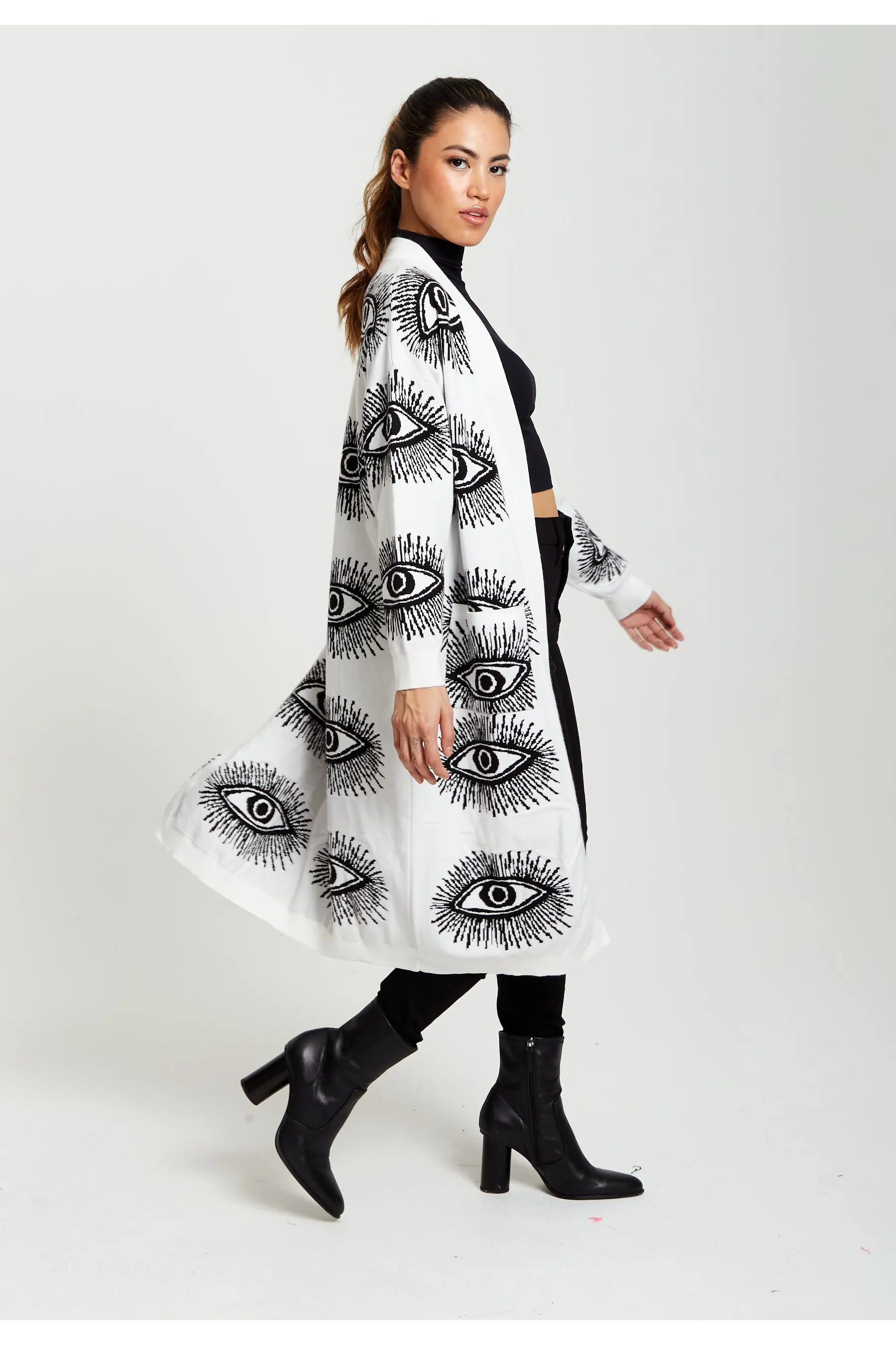 Liquorish Eye Pattern Longline Cardigan In White