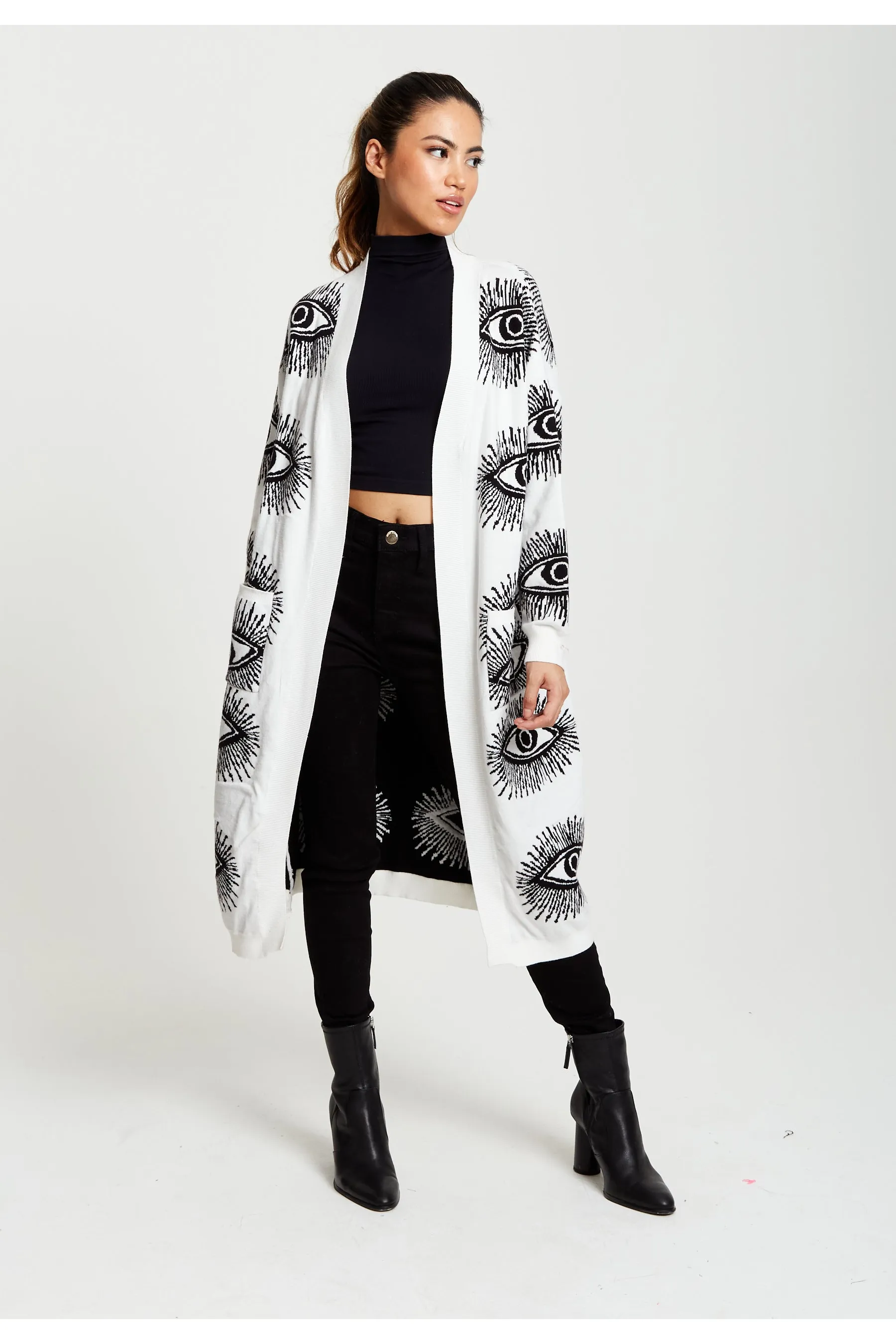 Liquorish Eye Pattern Longline Cardigan In White