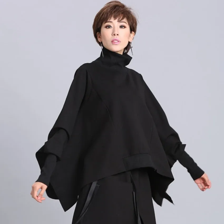 Loose Fit Black Asymmetrical Oversized Sweatshirt Turtleneck Long Sleeve