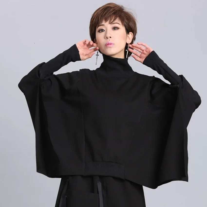Loose Fit Black Asymmetrical Oversized Sweatshirt Turtleneck Long Sleeve