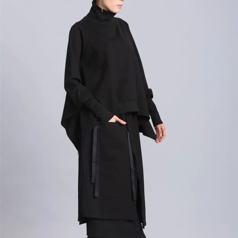 Loose Fit Black Asymmetrical Oversized Sweatshirt Turtleneck Long Sleeve