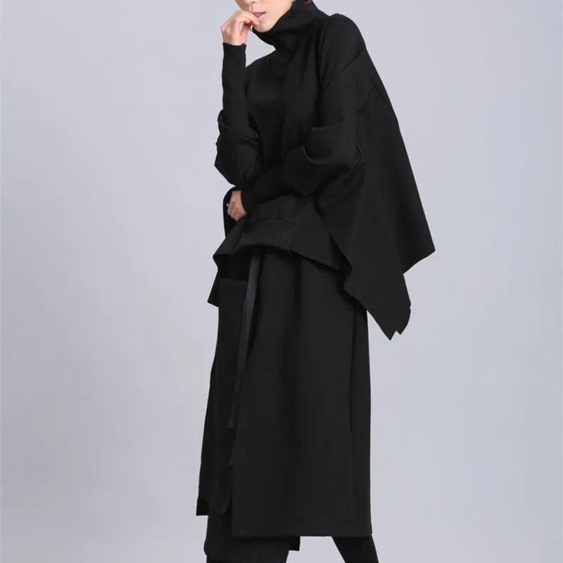 Loose Fit Black Asymmetrical Oversized Sweatshirt Turtleneck Long Sleeve